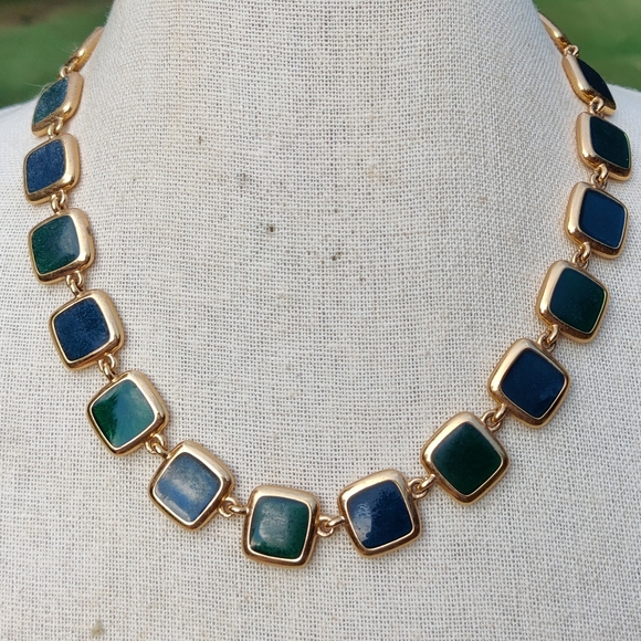 Vintage KJL Reversible enameled squares modernist necklace - Picture 2 of 9